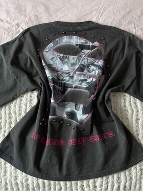 Studded Black Graphic Tee with Pink Accents
